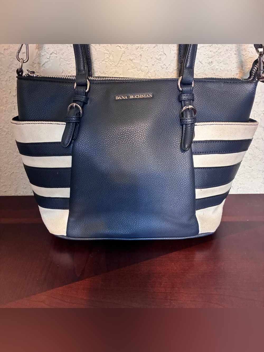 Dana Buchman Navy and Cream Striped Shoulder Tote